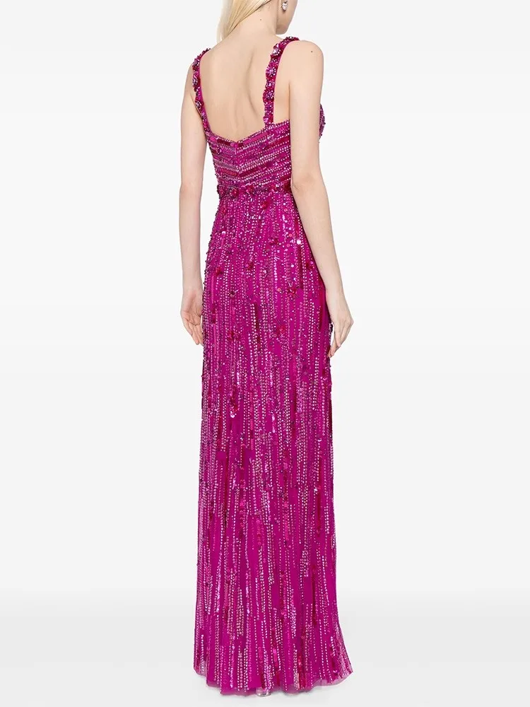 New European and American fashion heavy industry nail bead sequins sexy slim mesh high-end long skirt dress