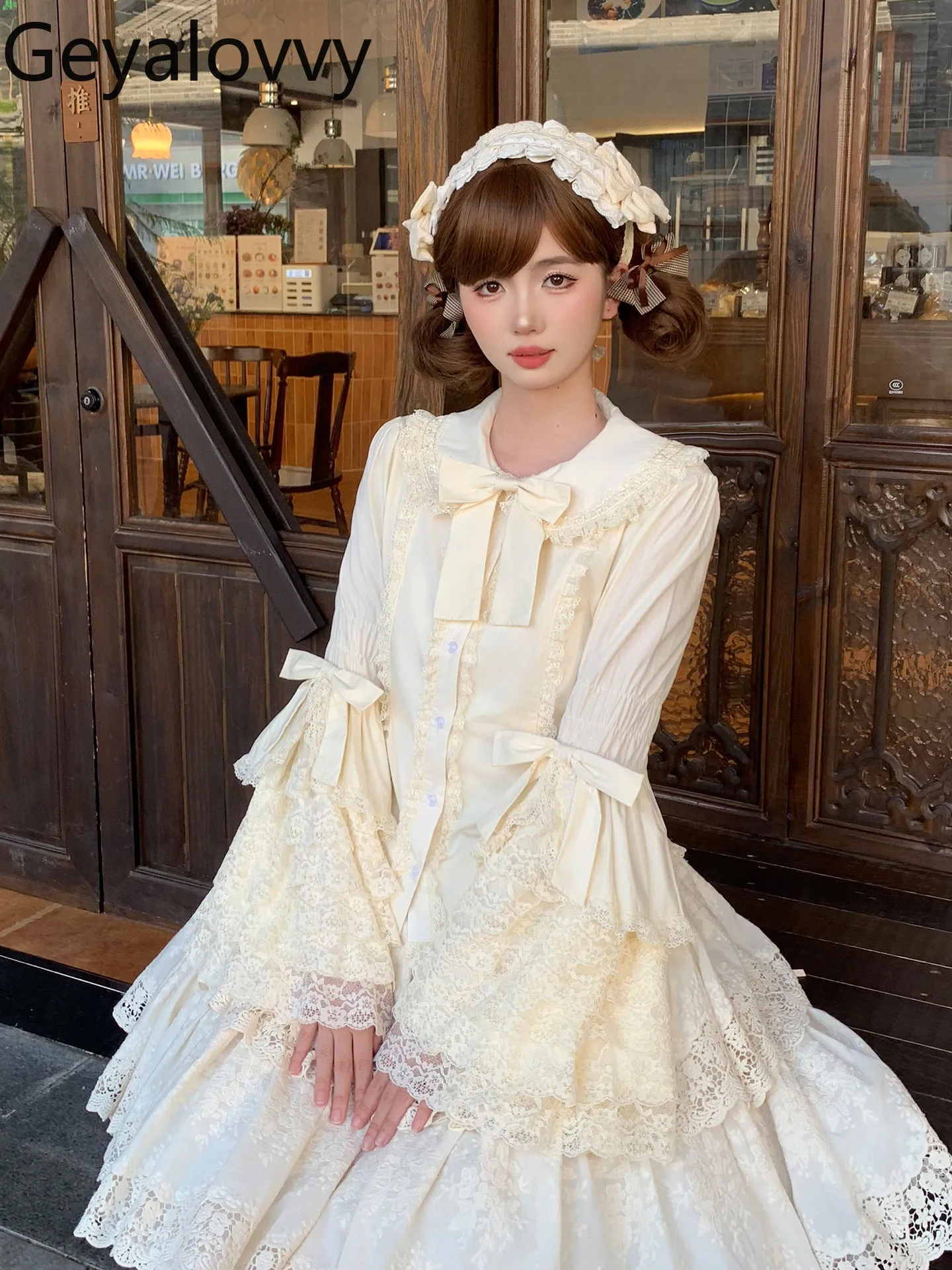 

Silmming Gothic Style Lolita Lace Long Sleeves Tops 2026 New Spring & Fall Sweet Girl Doll Collar Pure Color Bows Inner Shirt