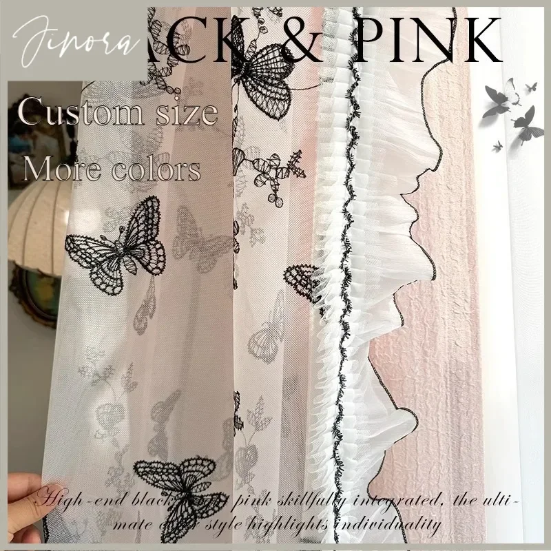 European Vintage Black Butterfly Embroidered Romantic Wavy Trim Curtains For Living Room Bedroom Dining Custom Decor Size Tulle