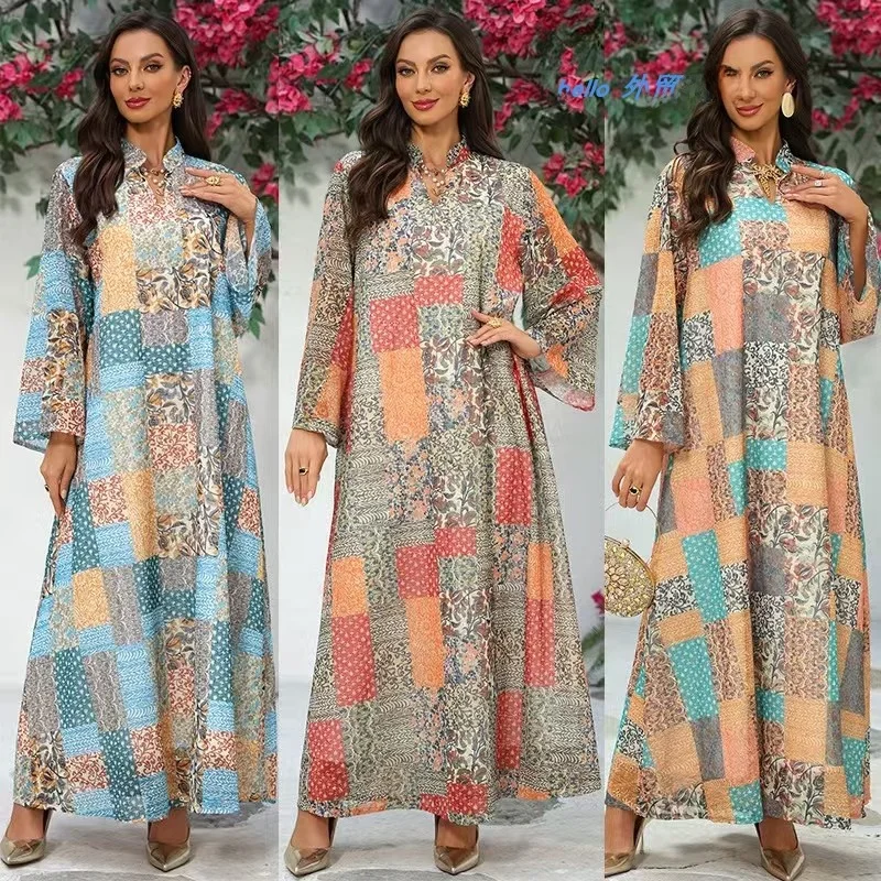 Faionable الشرق الأوسط طباعة طويلة Sve Dr V-ne رداء طويل Dr Ele A-line ثوب عميق V-ne ريترو Sle طباعة الأزهار