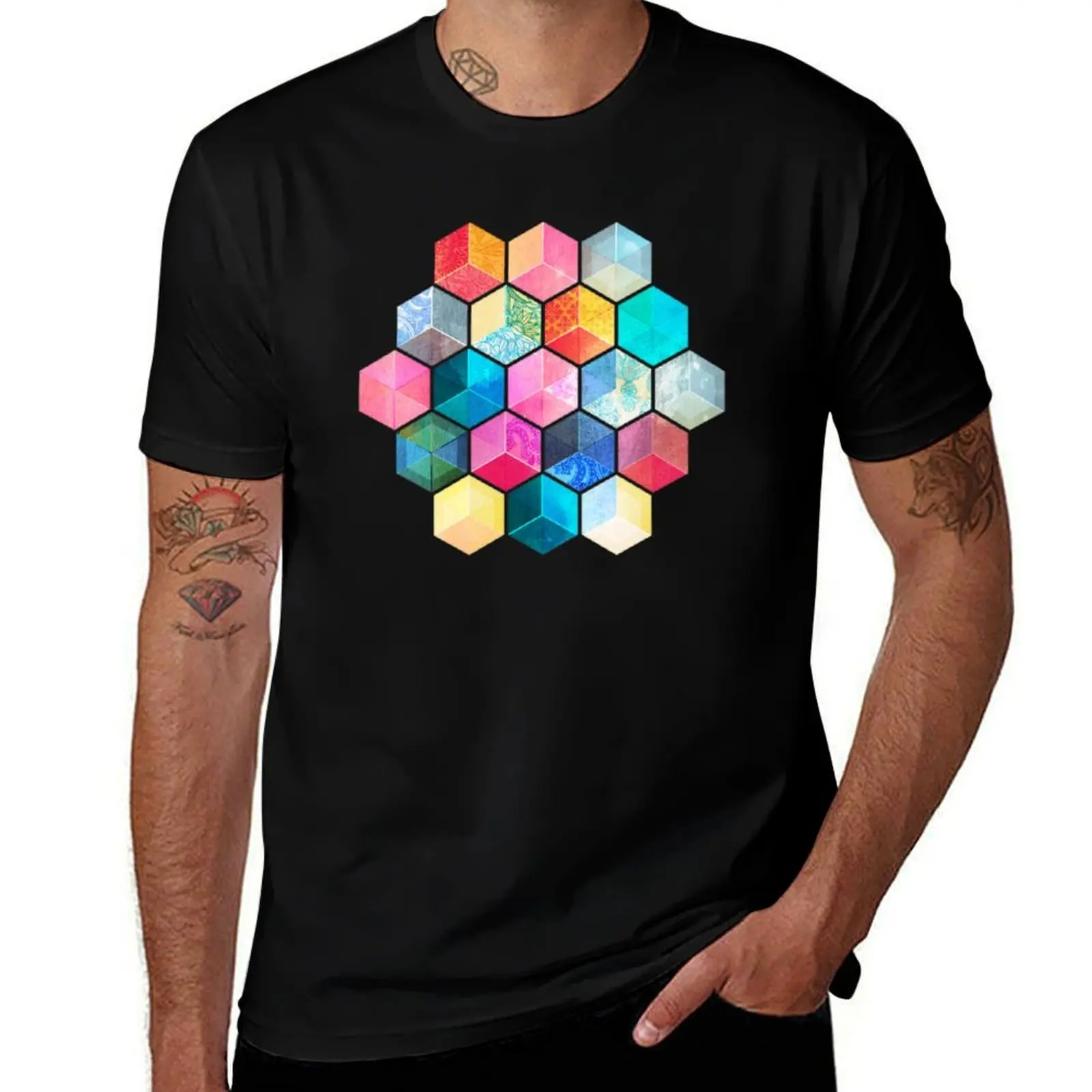 Crystal Bohemian Honeycomb Cubes - colorful hexagon pattern T-Shirt Basic Short Sleeve Cotton Blend T-Shirt