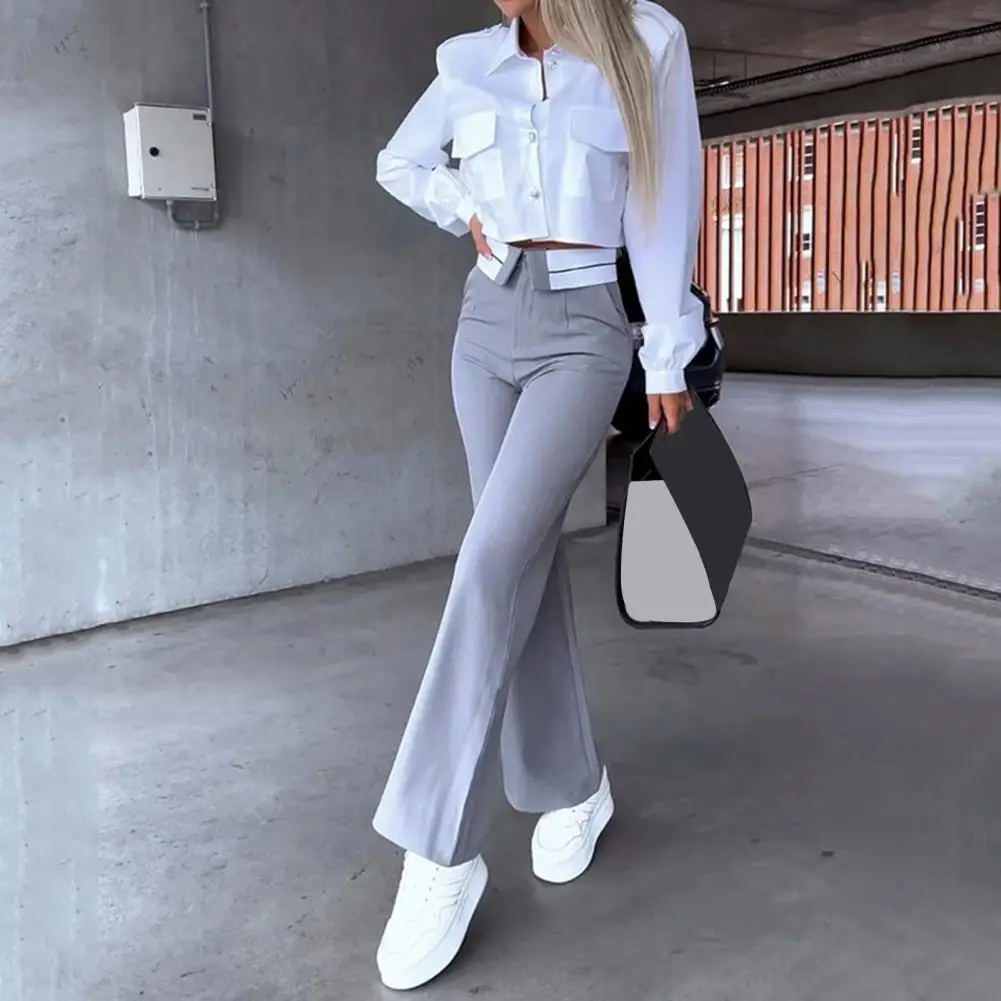 

Women Wide-leg Trousers Set Polyester Fiber Suit Women's Single-breasted Lapel Suit with High Waist Pants Long Sleeve Shirt Set