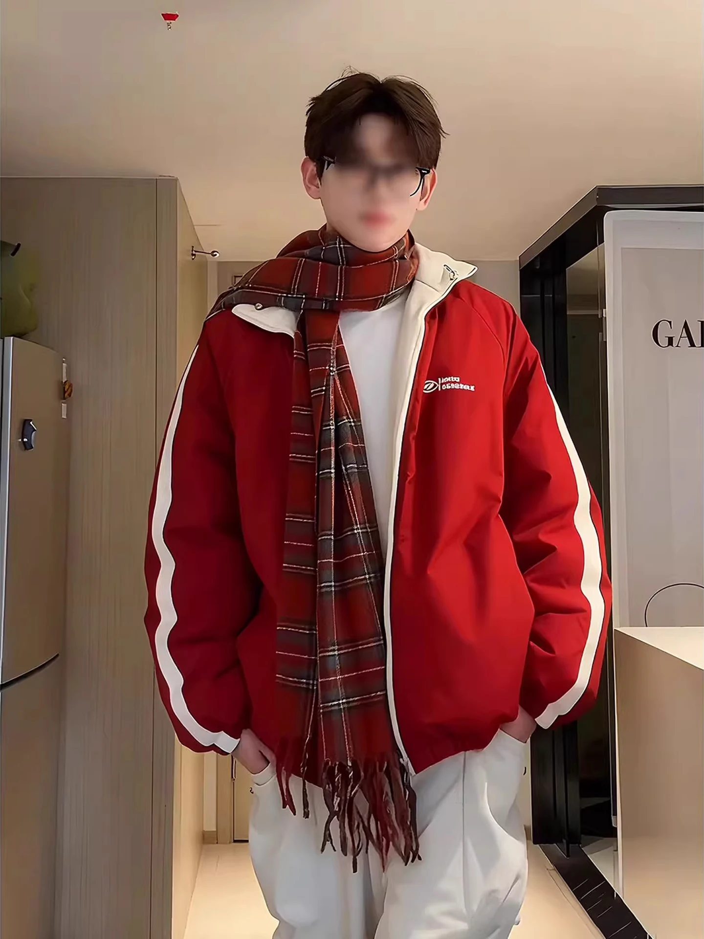 赤と白の両面着用軽量ダウンコットンジャケット男性女性スレ冬厚手暖かいシサスカップルアウターウェア