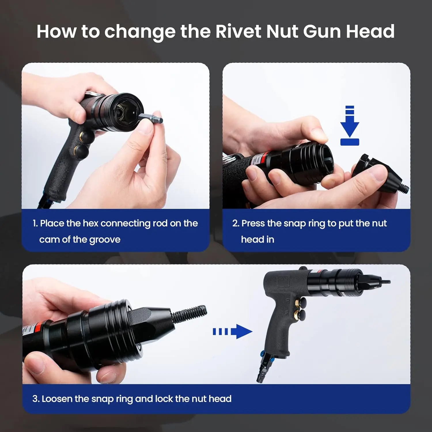 Rivet Nut Tool Kit, Pneumatic Rivnut Gun with 1/4'', 5/16'' & 3/8'' Mandrels