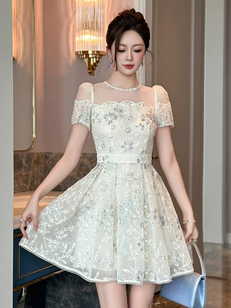 Vrouwen Kleding Zilverachtige Heldere Zijde Bloemen Korte Jurk Elegante Sexy Off-Shoulder Slanke A-lijn Mini Vestidos Zoete Formele Party prom