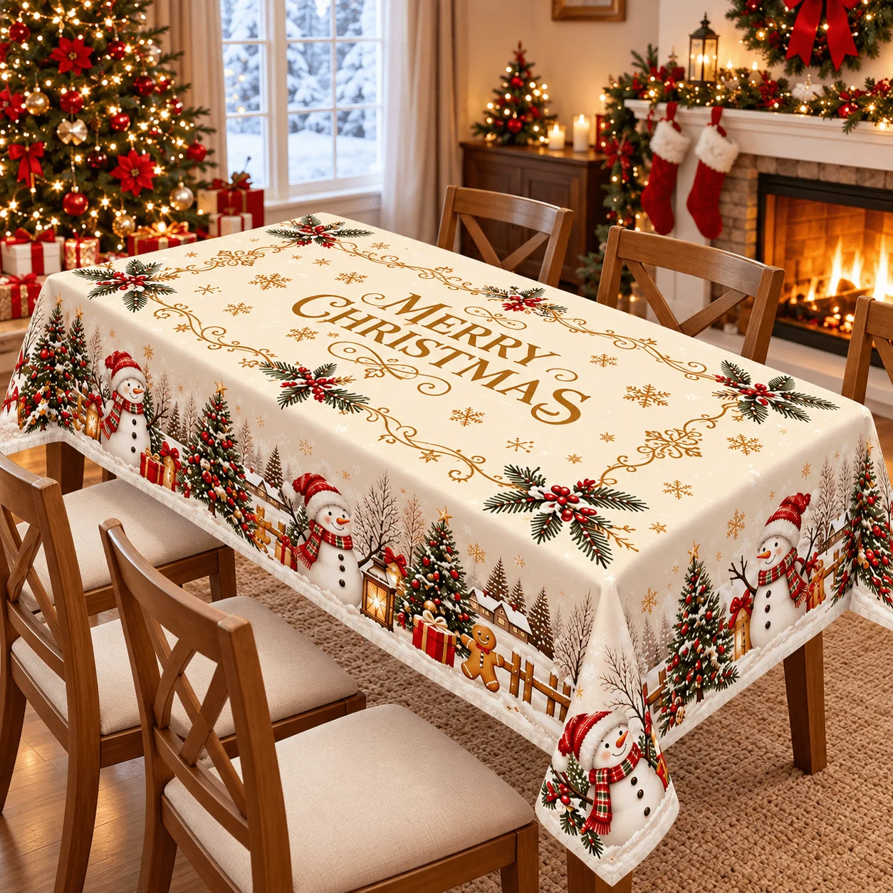 1 square tablecloth, Christmas snowman Christmas tree print polyester tablecloth, cream white background with snowflakes