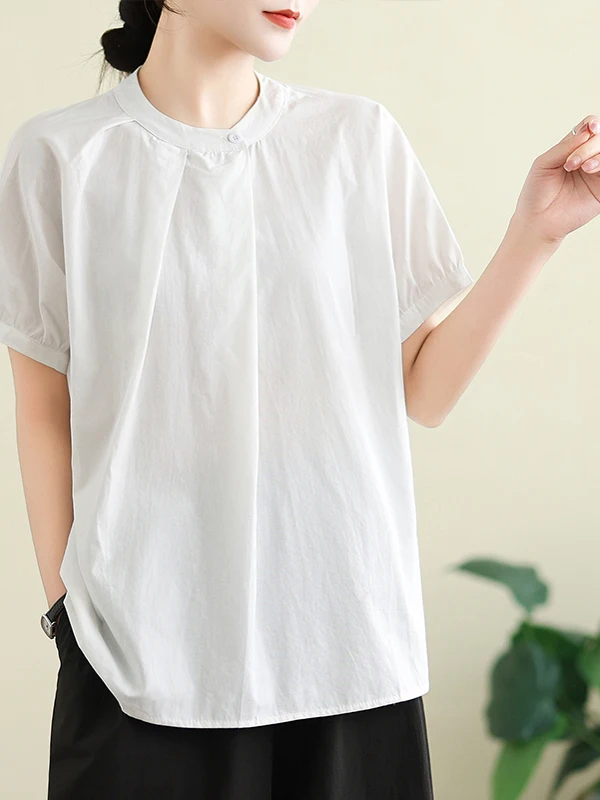 레트로 칼라 순면 루즈핏 여성용 여름 2025 신상 캐주얼 컬러 탑 라운드 넥 미디 길이 셔츠