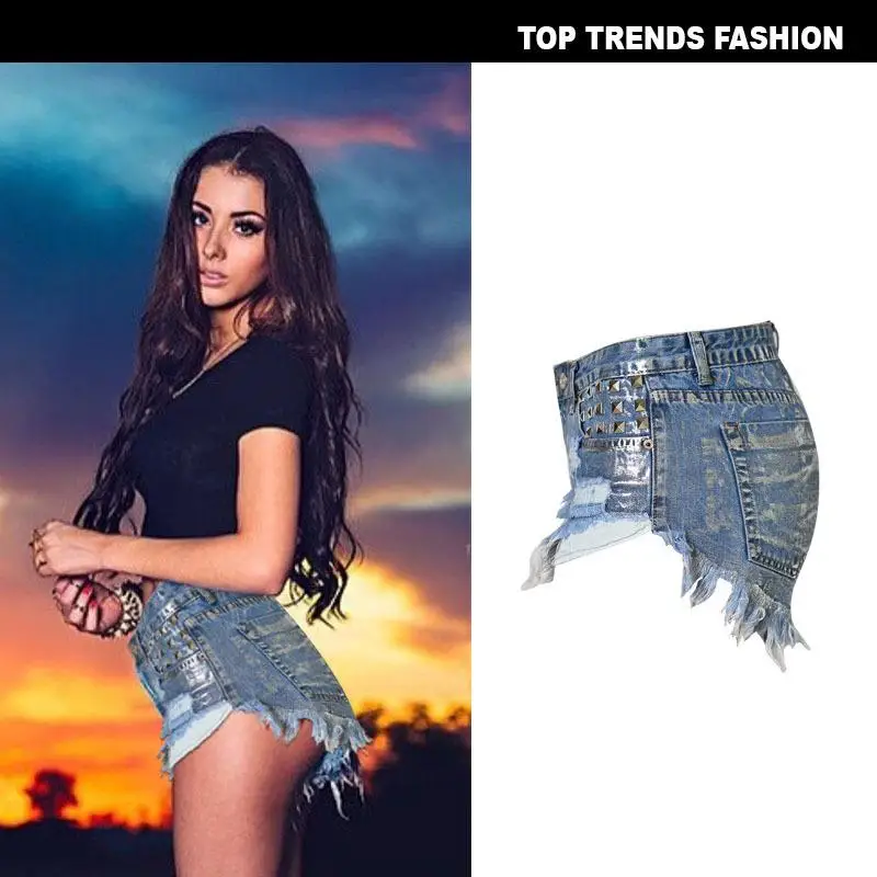 

High Waist Wornout Riveted Denim Hot Pants Women's Punk Sle ort Pants Wide Leg Jeans Autumn Collection No Brand