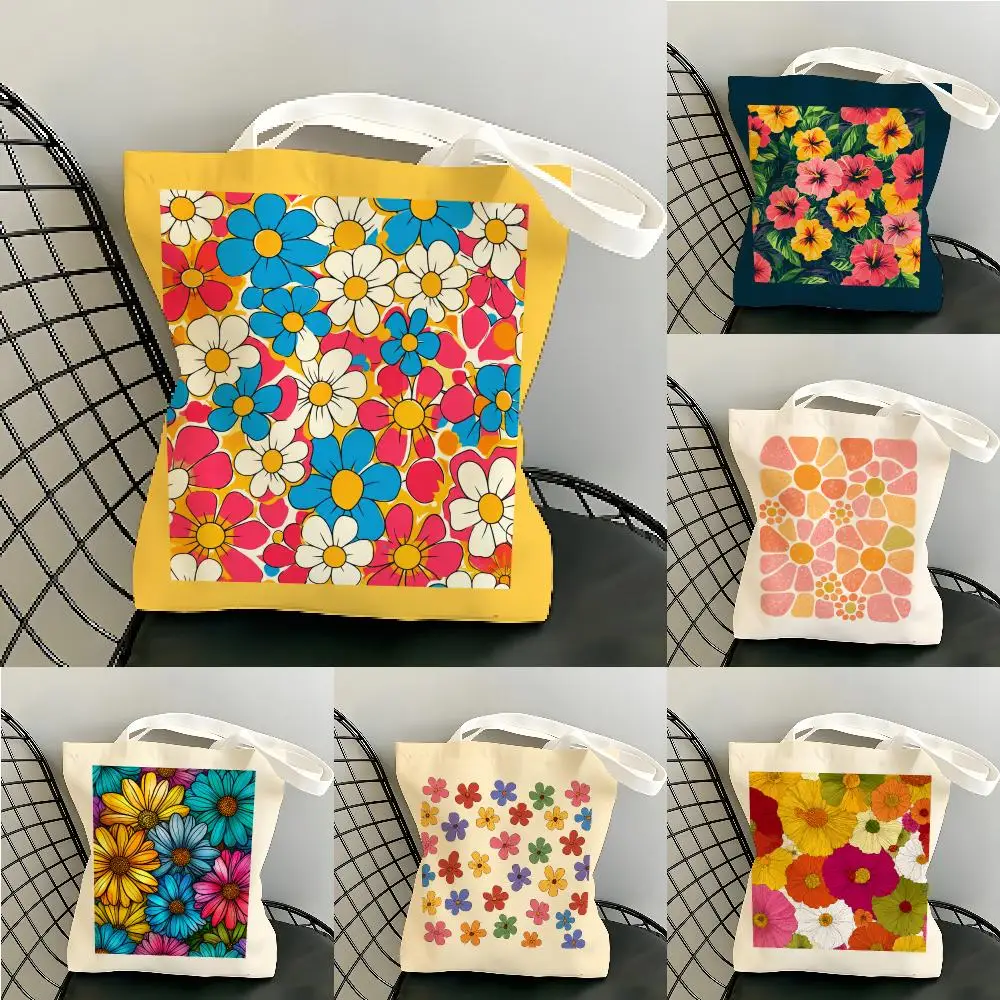 Boho Abstract Floral Storage Bags Canvas Tote Bag Large Capacity Reusable  Shopping Commute Grocery Shoulder Bag Gift