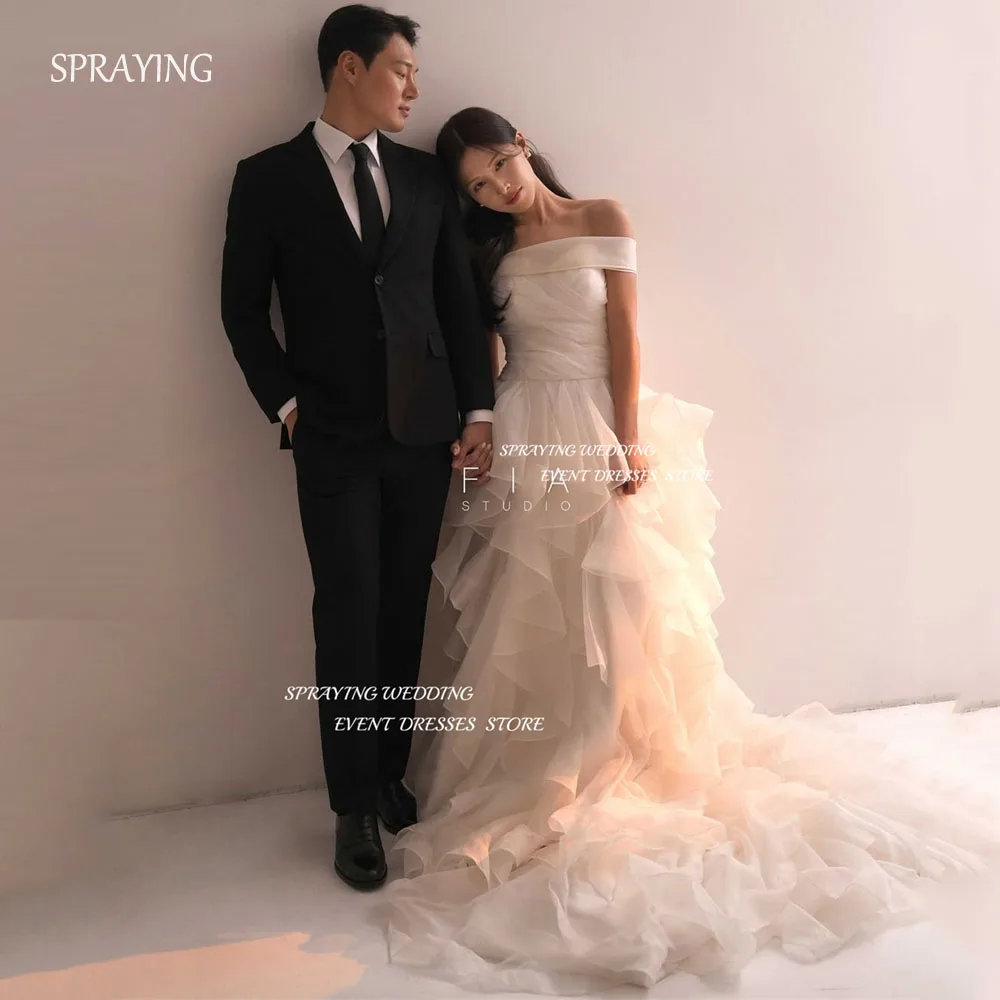 

SPRAYING Цвета слоновой кости из органзы с открытыми плечами Корейские свадебные платья для фотосессии Роскошное длинное многоярусное свадебное платье А-силуэта 웨딩드레스 по индивидуальному заказу