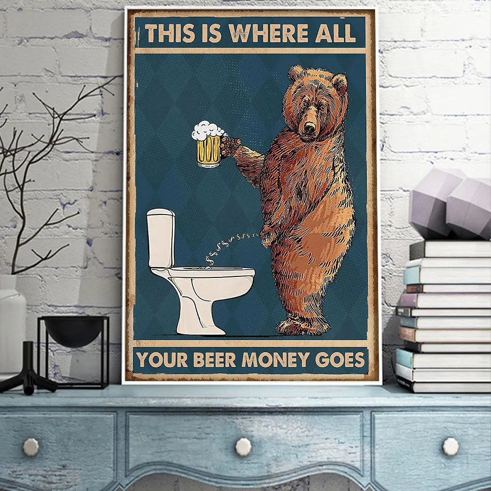 Retro śmieszne odbitki plakat artystyczny na ścianie niedźwiedź pijąc piwo w toalecie obraz na płótnie do dekoracji domu pokoju