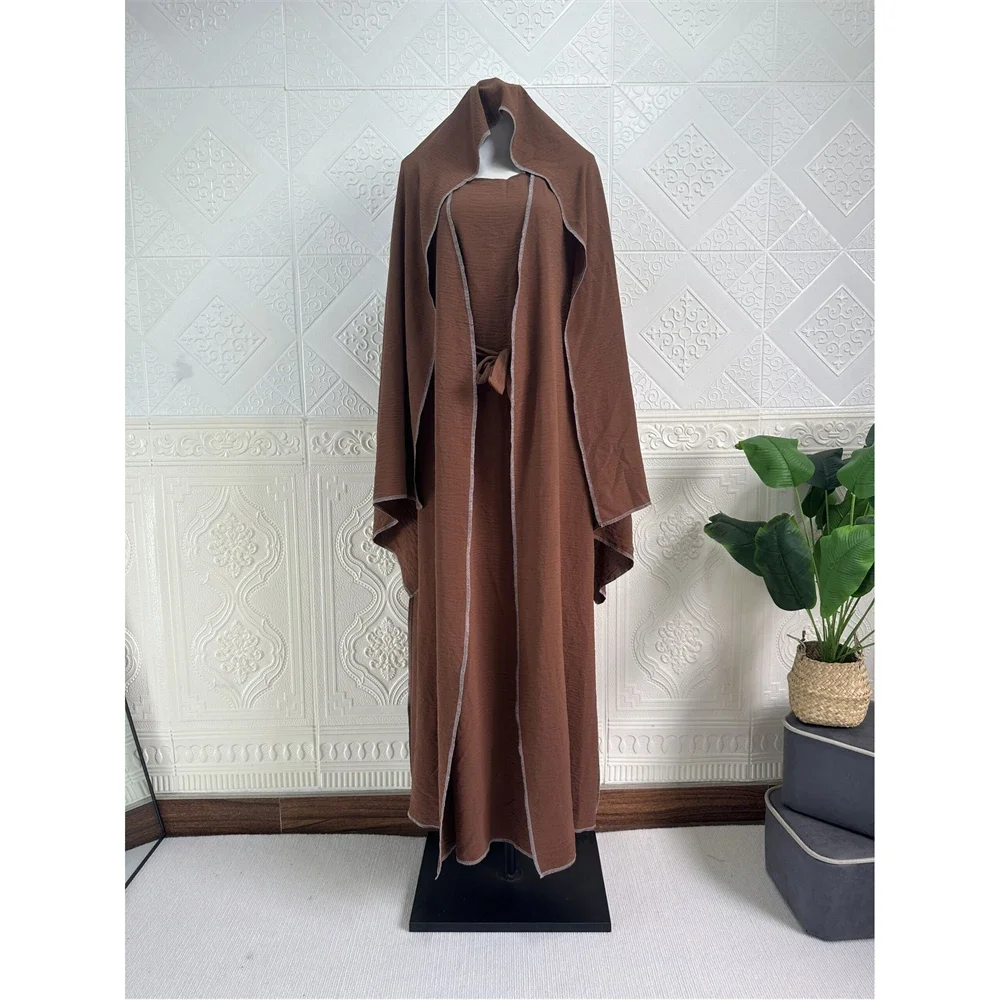 Mulheres muçulmanas 3 peças conjunto de vestido hijab modesto abaya dubai turquia quimono abayas eid ramadan roupas islâmicas kaftan robe outfits