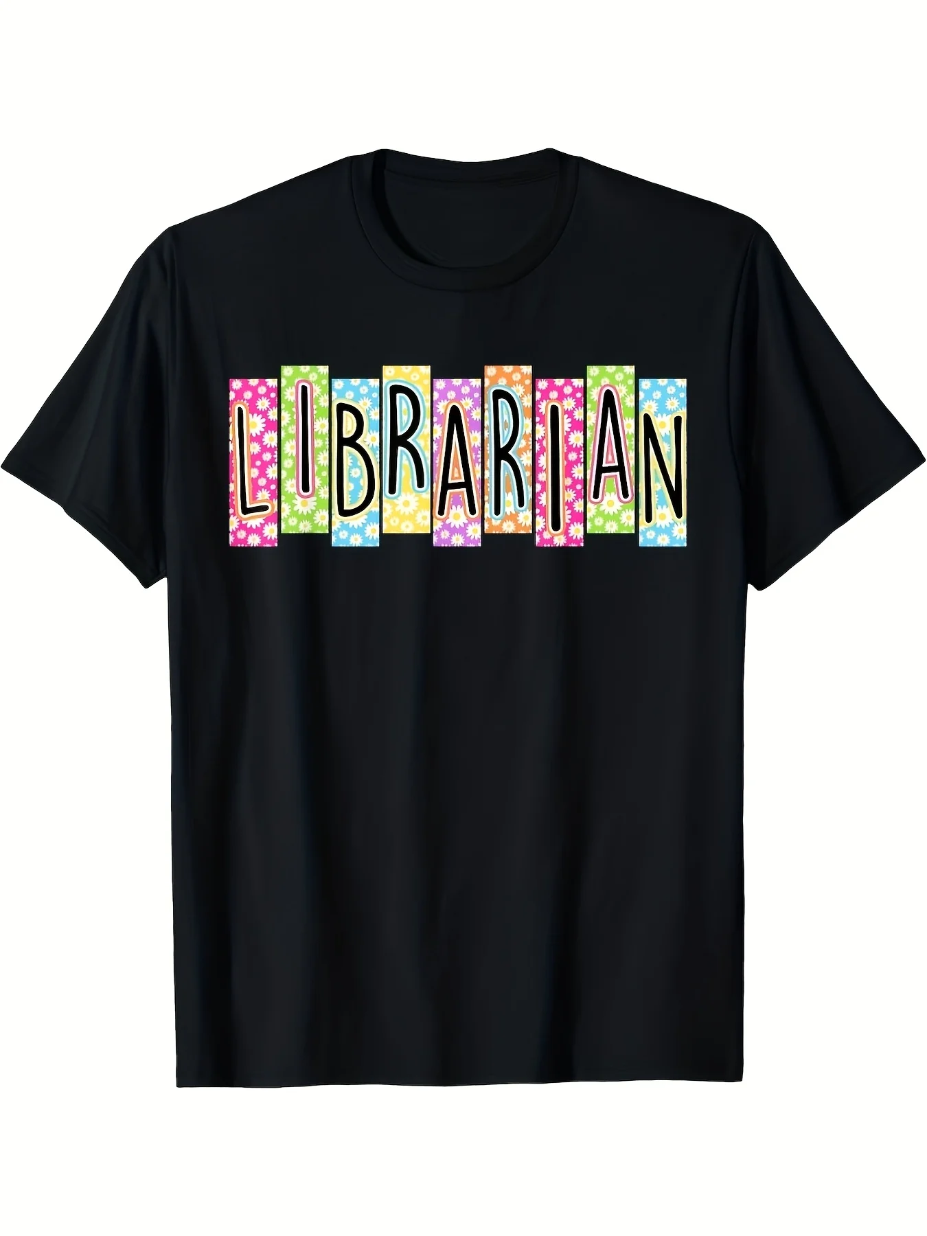 Vintage-style patterned T-shirt featuring floral checks and neon text, perfect for librarians. This soft black shirt