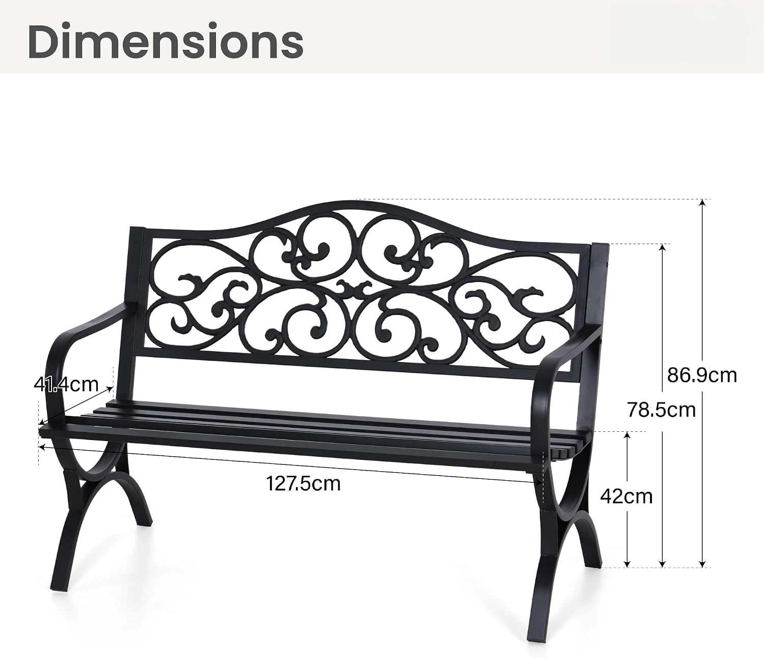 Cast Iron Steel Frame Outdoor Garden Bench E Coating Floral Design Backrest Slatted Seat Weatherproof Patio Bench Furniture Chair Seating Unit For Front Door Park Yard Porch, Black