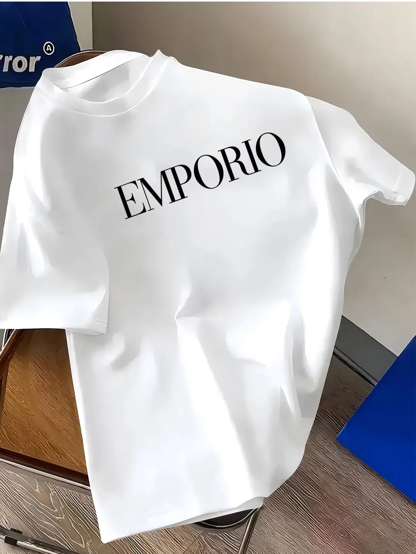 Camiseta casual de manga corta de verano para hombre - Estampado "EMPORIO", negro, cuello redondo, mezcla de poliéster liviana, perfecta para exteriores
