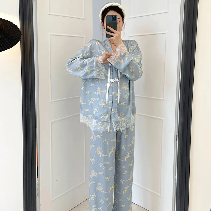 Spring Summer Chinese Style Silk Pajamas Cool V Neck Light Blue High-grade Luxury Homewear Lace Trim Youth Lady\'s Loungewear Set