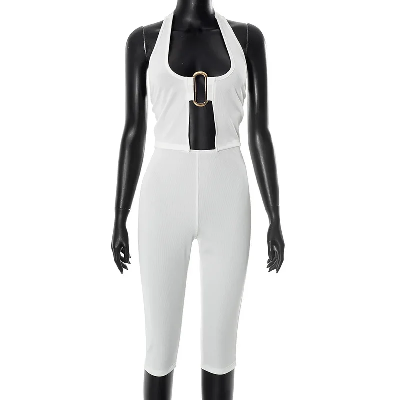 ผู้หญิงTracksuits Ribbed 2 ชิ้นชุดโลหะหัวเข็มขัดLace Up Halter Backless Tank Crop Tops + เอวสูงกางเกงCaprisผอม