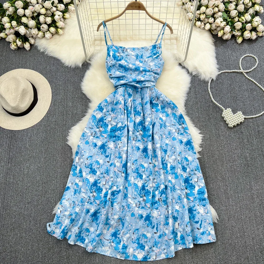 2024 New Summer Romantic Floral Print Long Dress Vintage Rose Print High Waist Spaghetti Strap Summer Dress Lady Beach Sundress