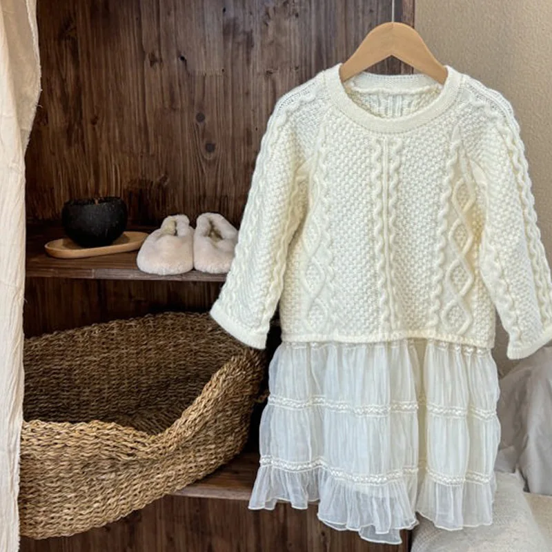 1-8Y Girls Autumn Winter Woolen Dress Elegant Spliced Knitted Kid Girls Princess Skirt Korean Style Warm Lace Toddler Girl Dress