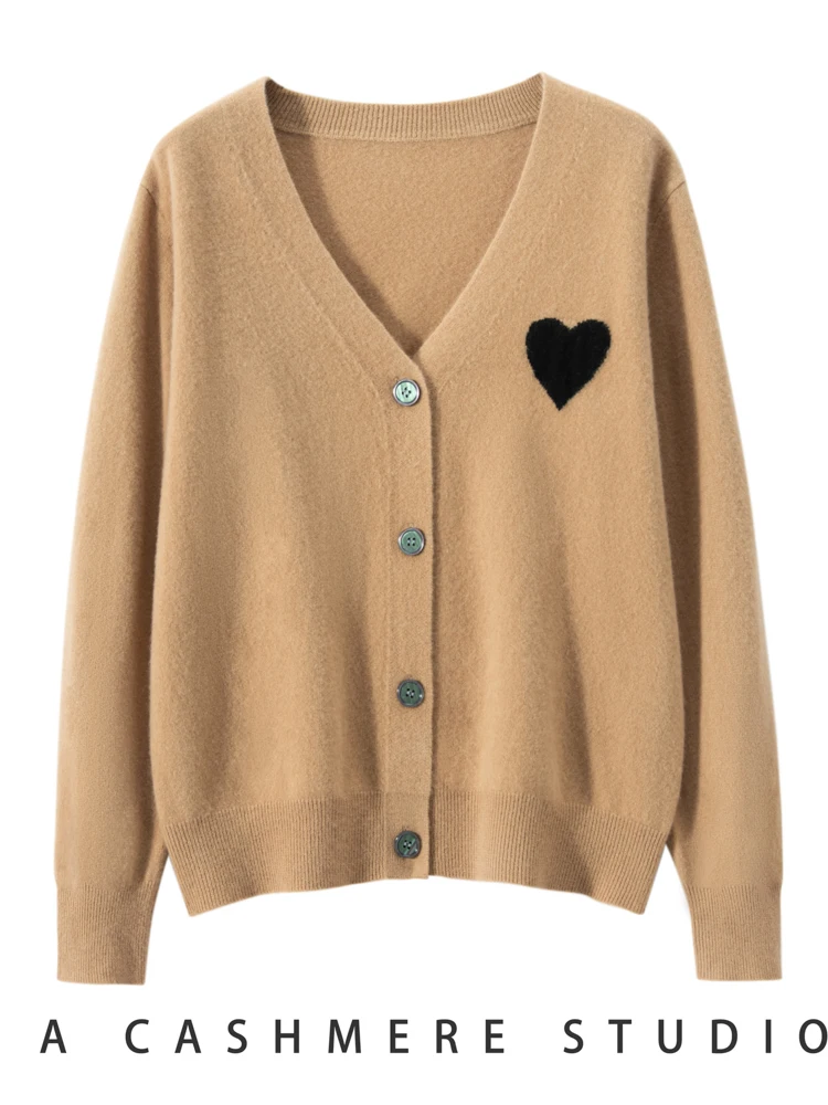 New Luxury Women Cashmere Sweater Preppy Style V-neck Cardigan Heart Knitted 100% Cashmere Knitwear Autumn Winter Clothes Tops