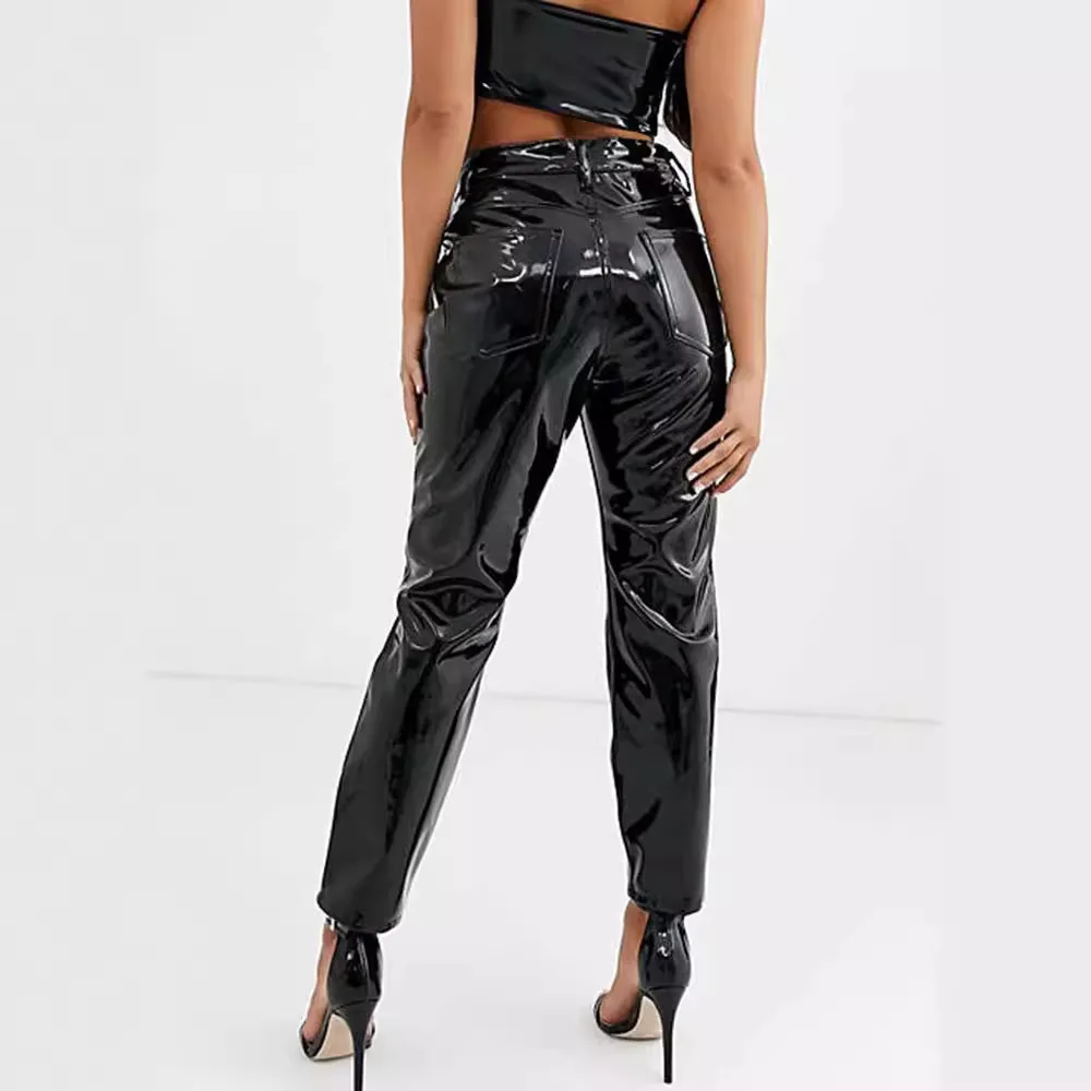 Vrouwen Hoge Taille Faxu Latex Potlood Broek Glanzend Lakleer Butom Rits Bodycon Broek Dames Clubwear Street Broek Custom