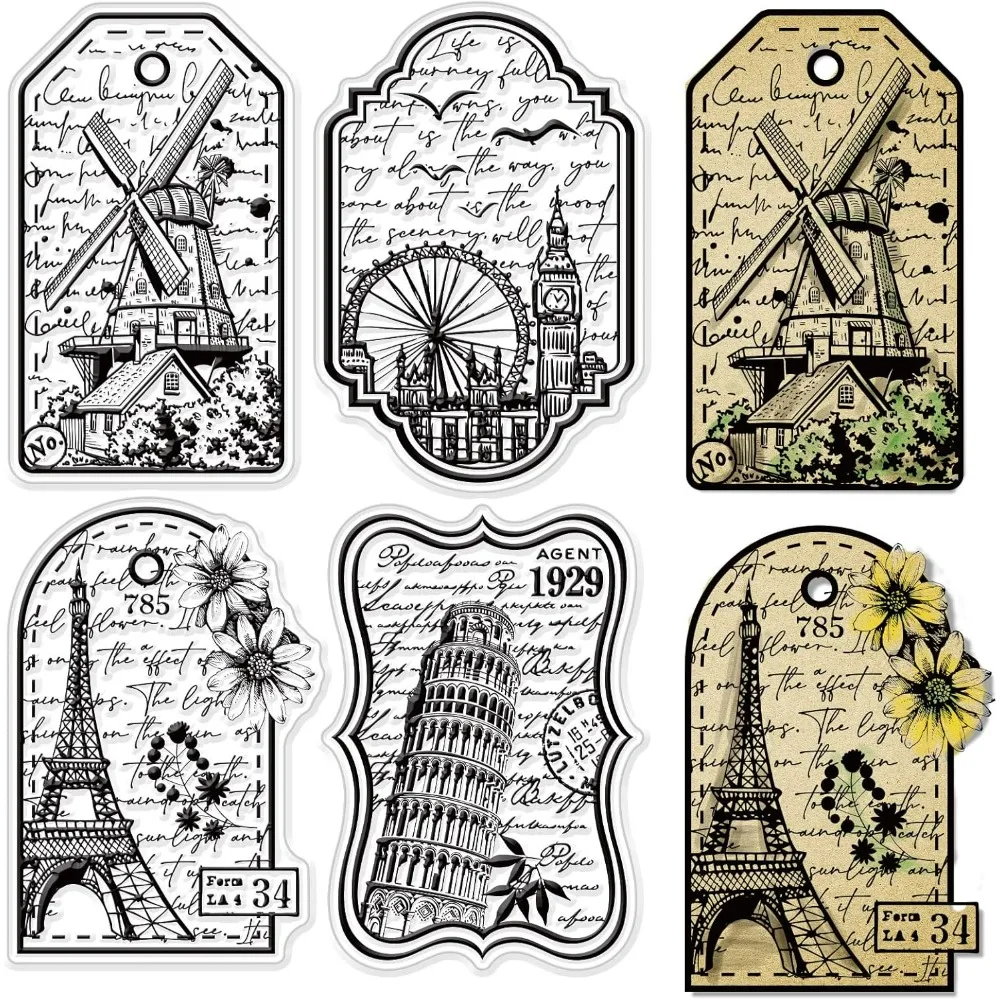 Travel Labels Silicone Clear Stamps for Scrapbooking Cards Making Vintage Retro Sentiments Postmark Tower Ferris Wheel