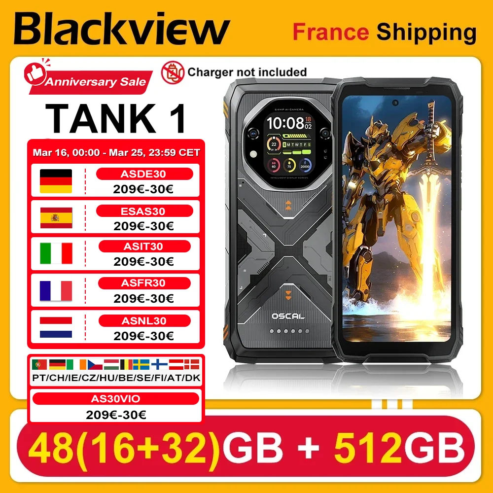 BlackView Oscal  TANK 1 [Pas de chargeur UE] Smartphone robuste 5G 48Go(16+32)+512Go 6,78'' 2,4K 120Hz 20000mAh NFC 64MP