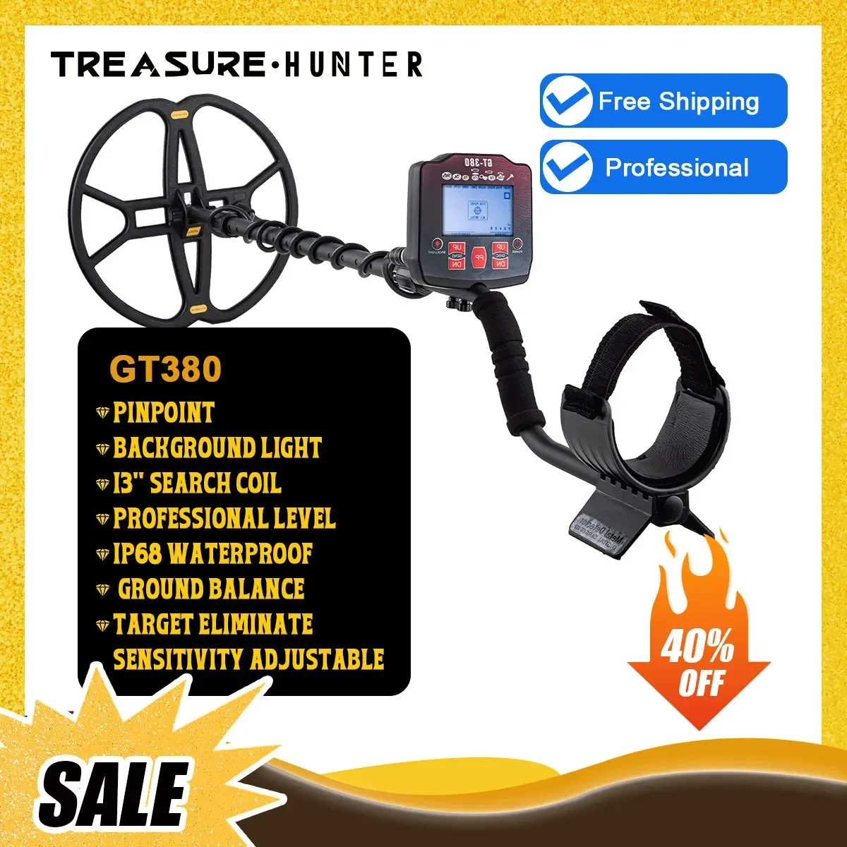 Treasure Hunter GT380 Metal Detector Professional Underground 13 inch Coil Waterproof Gold Detector Pinpointer High Sensitive
