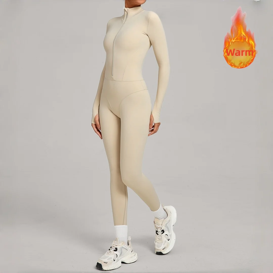 Winter Warm Yoga Jumpsuit Stand Collar Zipper Fleece Outdoor Fitness Running One-piece Workout Cloth