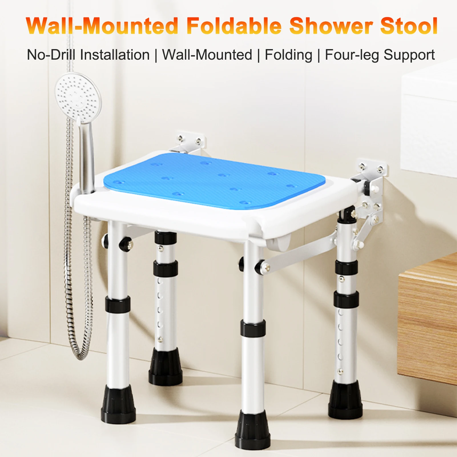 

Wall-Mounted Folding Shower Seat Shower Stool with 5-Level Height Adjustable Bath Chair with Anti-Slip Cushion for Seniors