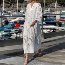 Summer Women White Lace Hollow Evening Dress Elegant V Neck Contrast Patchwork Mesh Women Long Sleeve Party lace Dress 2 piec