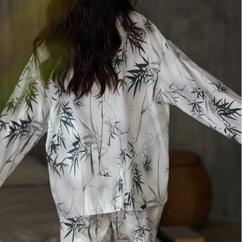 Pajamas Women's Chinese Style Minimalist Loungewear 2024 New Long Sleeved Sleepwear Set Spring Autumn V-neck Loose Homewear