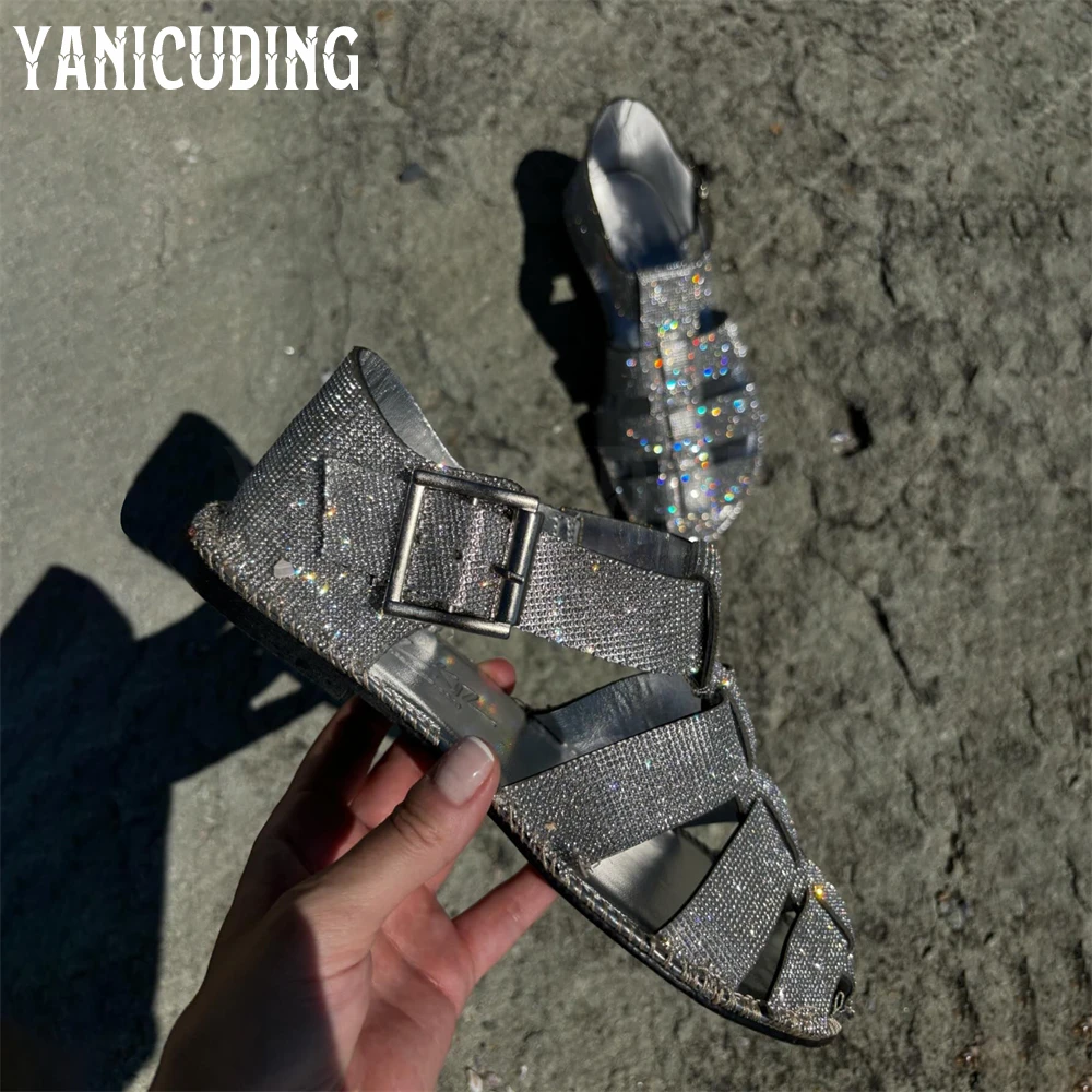 Full Rhinestone Flat Gladiators Silver Square Buckle Ankle Strap Sandals Comfortable Luxury Handmade Women Sandals Custom Colors