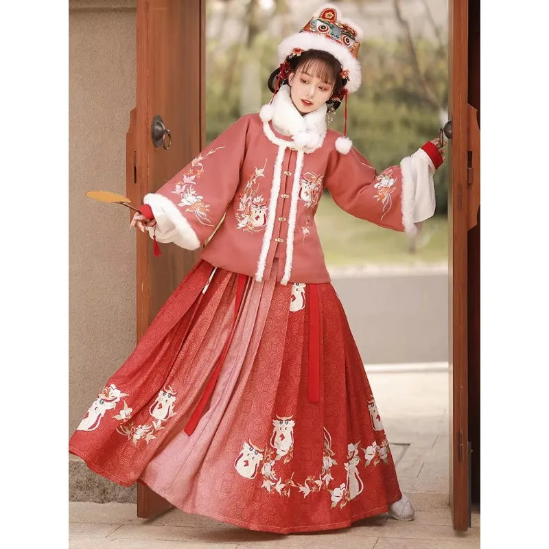 

Autumn Winter Cosplay Costumes Halloween Dress for Women Original Ming Dynasty Red Print Thickened Velvet Hanfu Dresses 4pcs