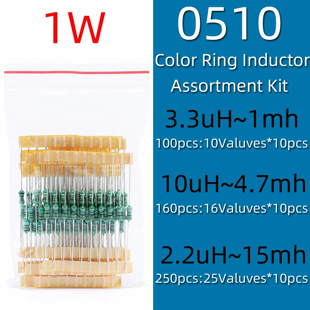 

0510 1W Inductor Assortment DIP Color Ring Inductance 1mH 220uH 330uH 470uH 10uH 22uH 10 16 25 values Inductors Assorted Set Kit