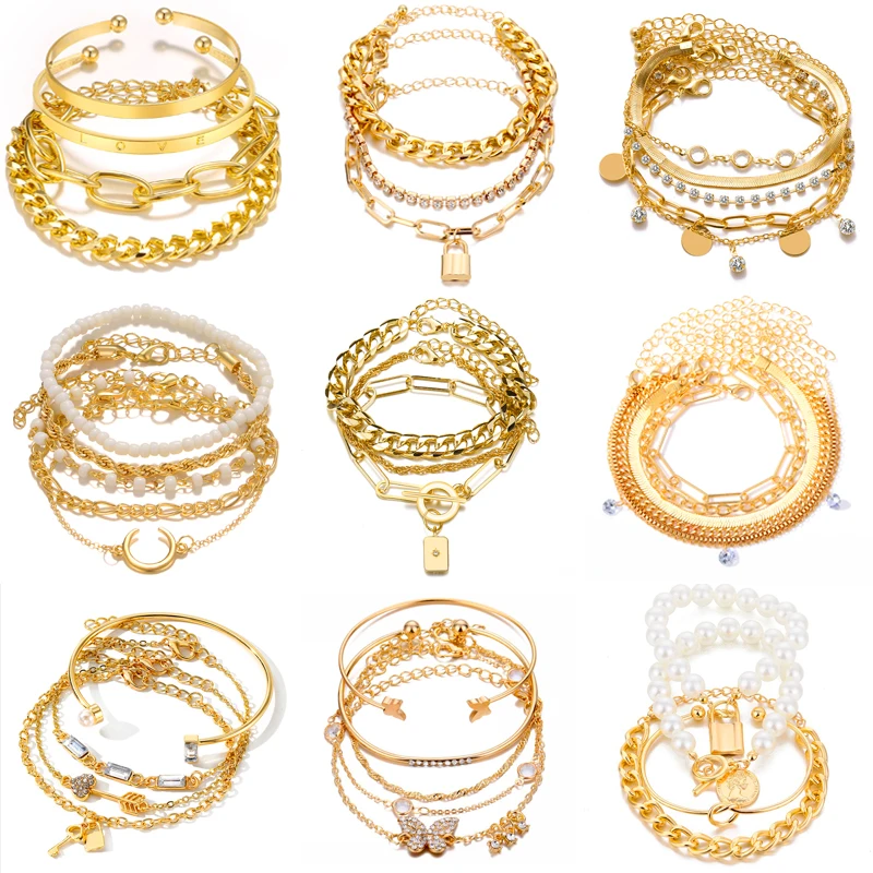

6 Pcs/7 Pcs/10 Pcs Set Punk Gold Color Bracelets for Women Streetwear Goth Heart Prints Metal Design Open Bangle Fashion Jewelry