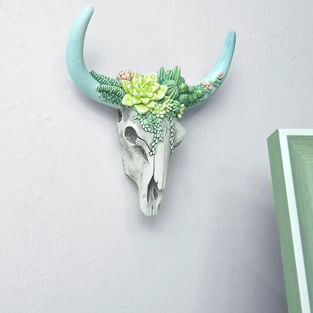 Retro Flower Cow Skull Ornaments Resin Longhorn Cow Skull Head Sculpture Creative Bull Head Figurines Art Craft Home Decoration