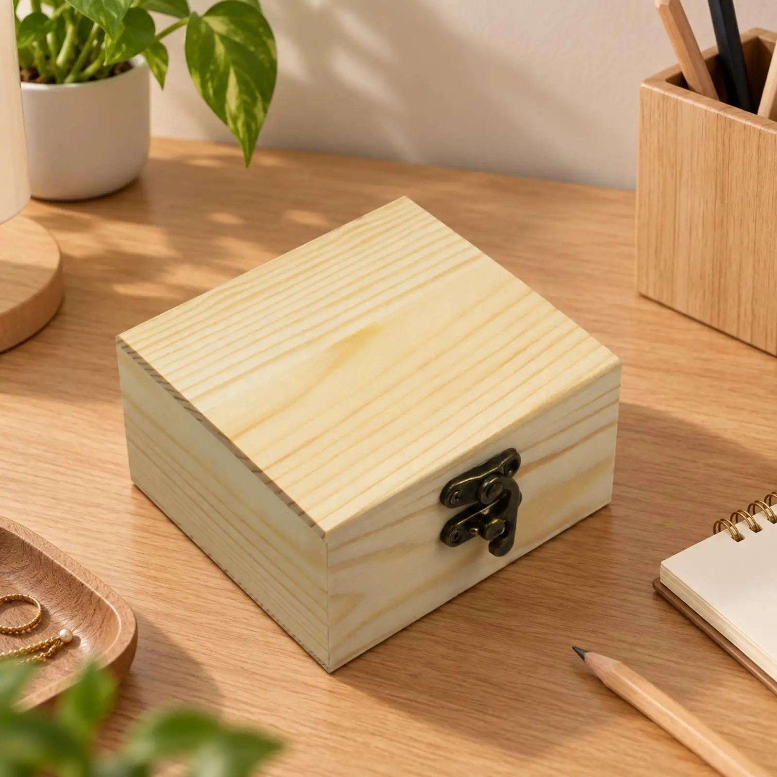 Wooden Storage Box with Secure Front Clasp for Jewelry Rings Coins Desk Organizer Case for Bedroom Counter
