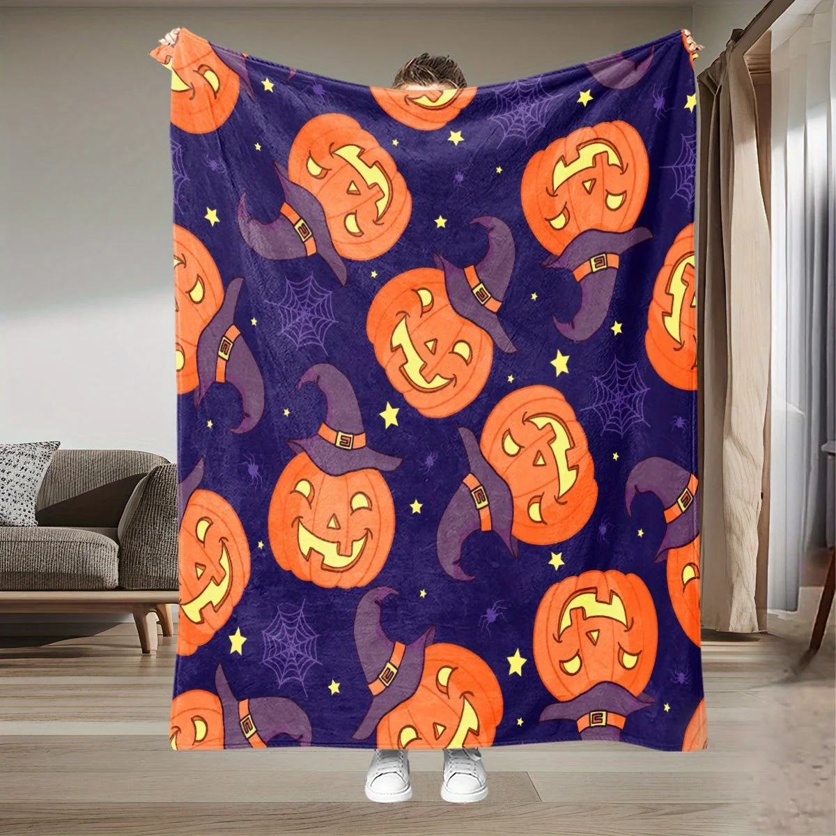 

1 шт., одеяло с принтом шляпы волшебника тыквы на Хэллоуин, полиэфирная ткань, можно стирать в машине, подходит для спальни и гостиной