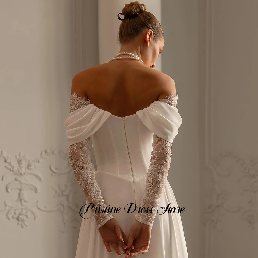 فستان زفاف شيفون ساحر بدون حمالات طيات مخصصة دانتيل قبالة الكتف فساتين الزفاف مع فتحة جانبية وقطار الاجتياح