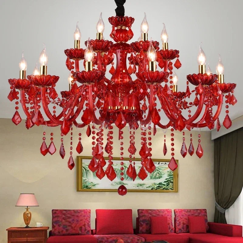 European Style Crystal Pendent Lamp Red Candle Lamp Luxurious Living Room Restaurant  Bedroom Villa Chandelier