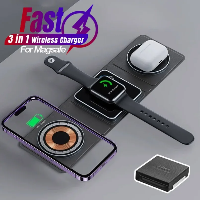 

Тканевый художественный стол 3-в-1, магнитное беспроводное зарядное устройство, складная портативная станция быстрой зарядки для Magsafe iPhone 16 ~ 12 AirPods iWatch