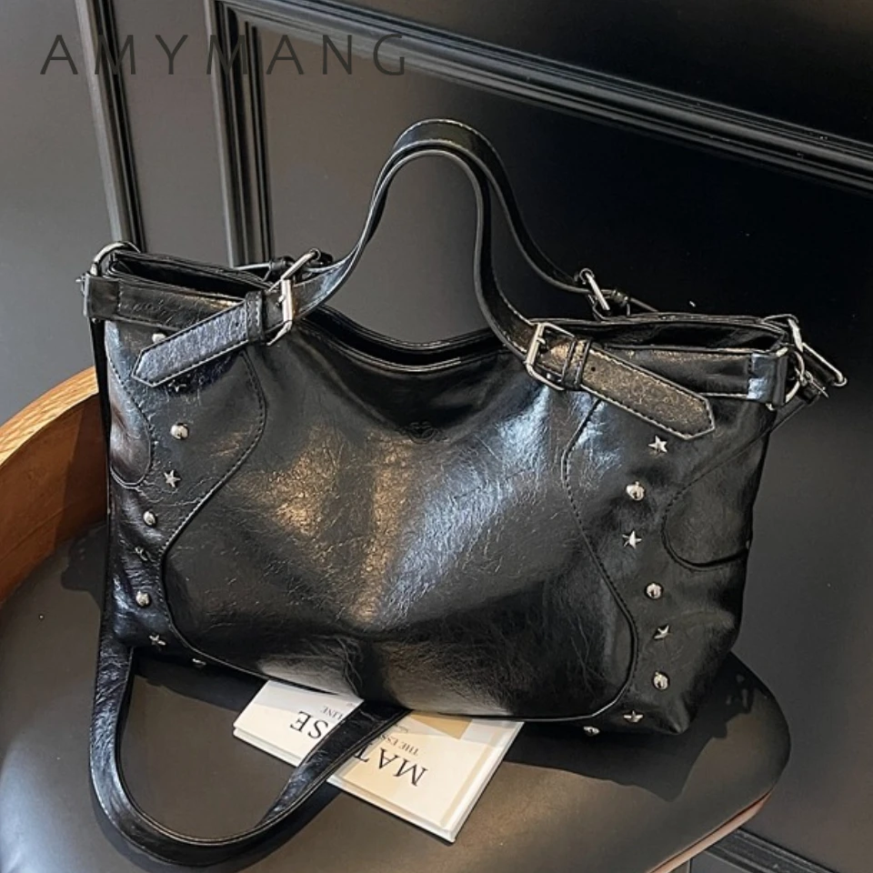 

Belt Handle Large Capacity Black Shoulder crossbody Bags for Women Rivet Quality Pu Leather Handbag Lady Travel Tote Bag