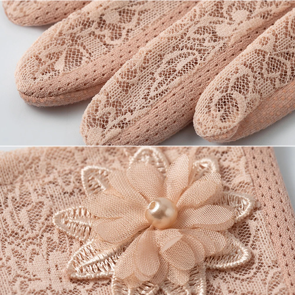 Floral Lace Full Finger Gloves For Women Sunscreen Mesh Short Gloves Summer Uv Protection Driving Cycling Touch Screen Gloves