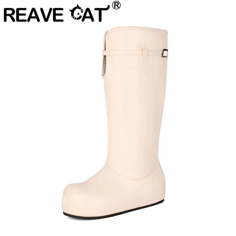 REAVE CAT Pink Sweet Women's Mid Calf Boots Round Toe 3.5cm Increased Heel Slip On Warm Plush Winter Botas Plus Size 45 46 47 48