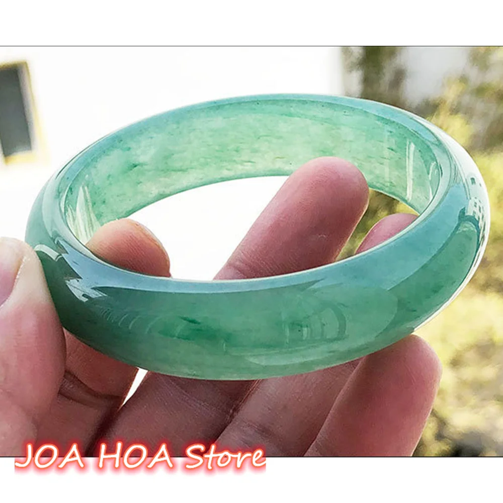 Natural Tanglin Jade Bangle Ice Transparent Floating Green Flower Bracelet Women's  Handring Fine Jewelry