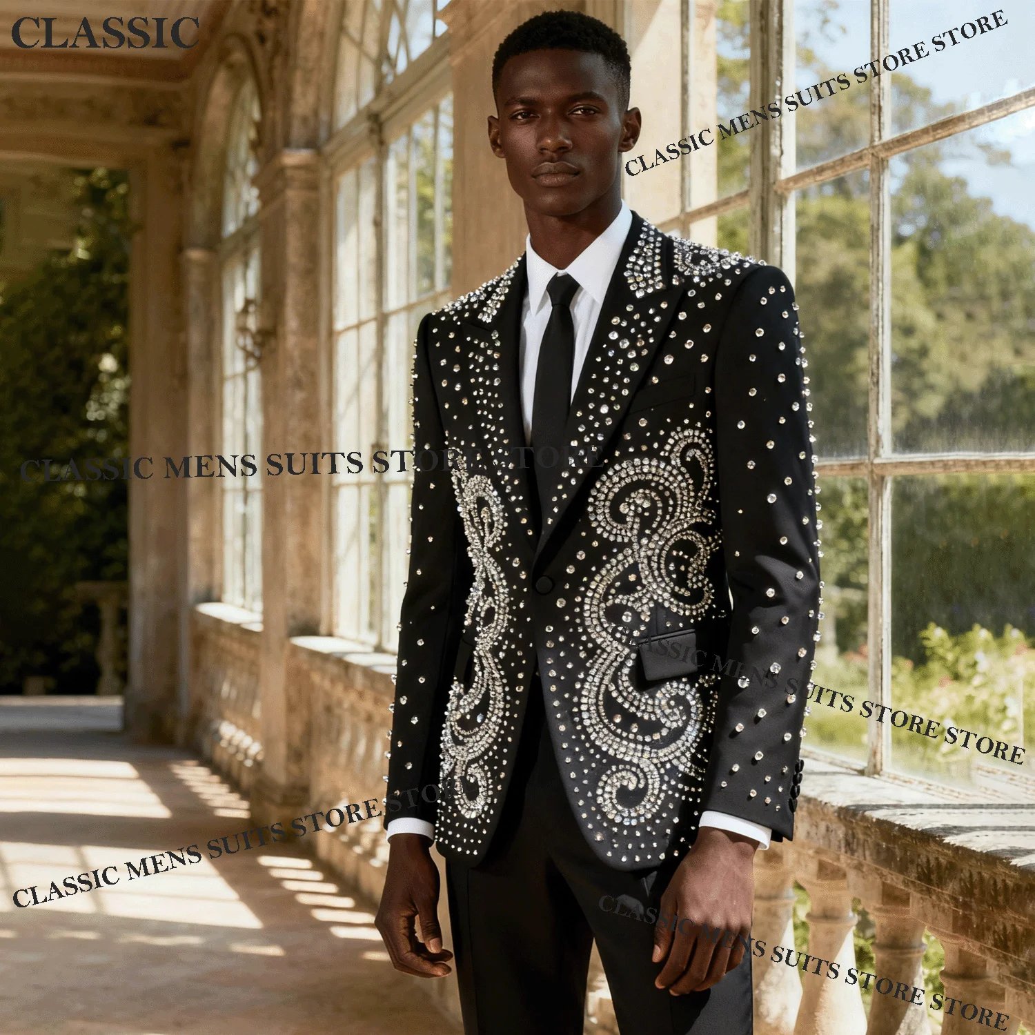 

Fashion Coat Style Men Suit 2Piece Sets Groom Male Customized Blazers Rhinestone Beaded Peaked Lapel Ropa hombre Wedding Tuxedos