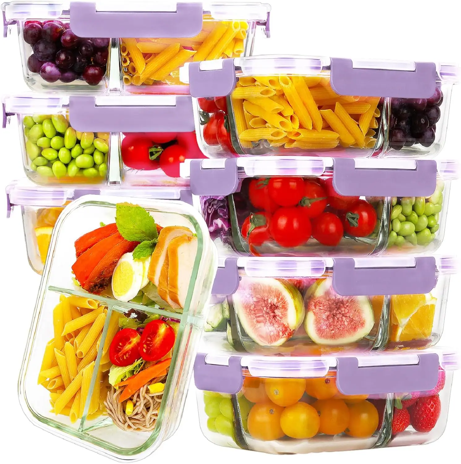 8 Pack Glass Meal Prep Containers 3 Compartment, 36oz Glass Food Storage Containers with Lids, Airtight Glass Lunch Bento Boxes