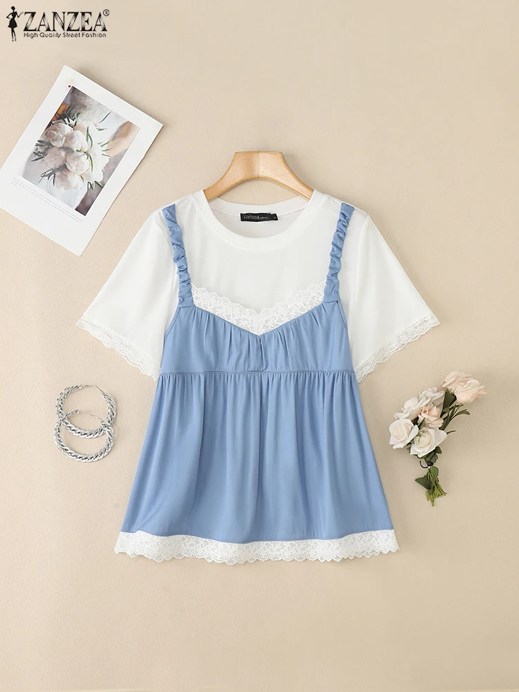

ZANZEA Korean Fashion Fake-Two-Piece Woman Blouses Casual Denim-Look Patchwork Lace Trim Blusas Mujer Everyday Short Sleeve Tops
