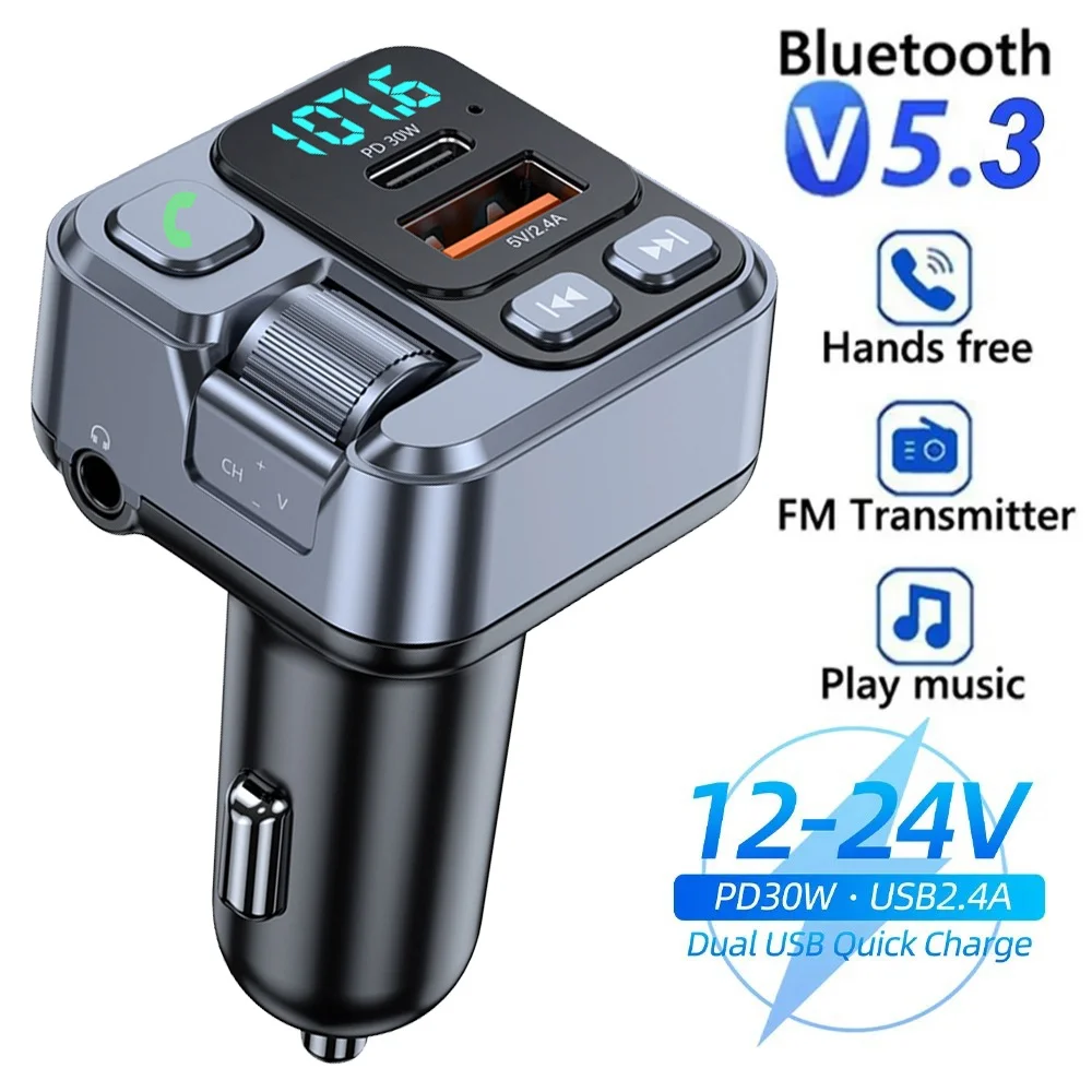 Car Charger Bluetooth 5.1 FM Transmitter 2.4A 20W PD Fast Charging Adapter Car Radio with Mic for Wireless Hands Free MP3 Player